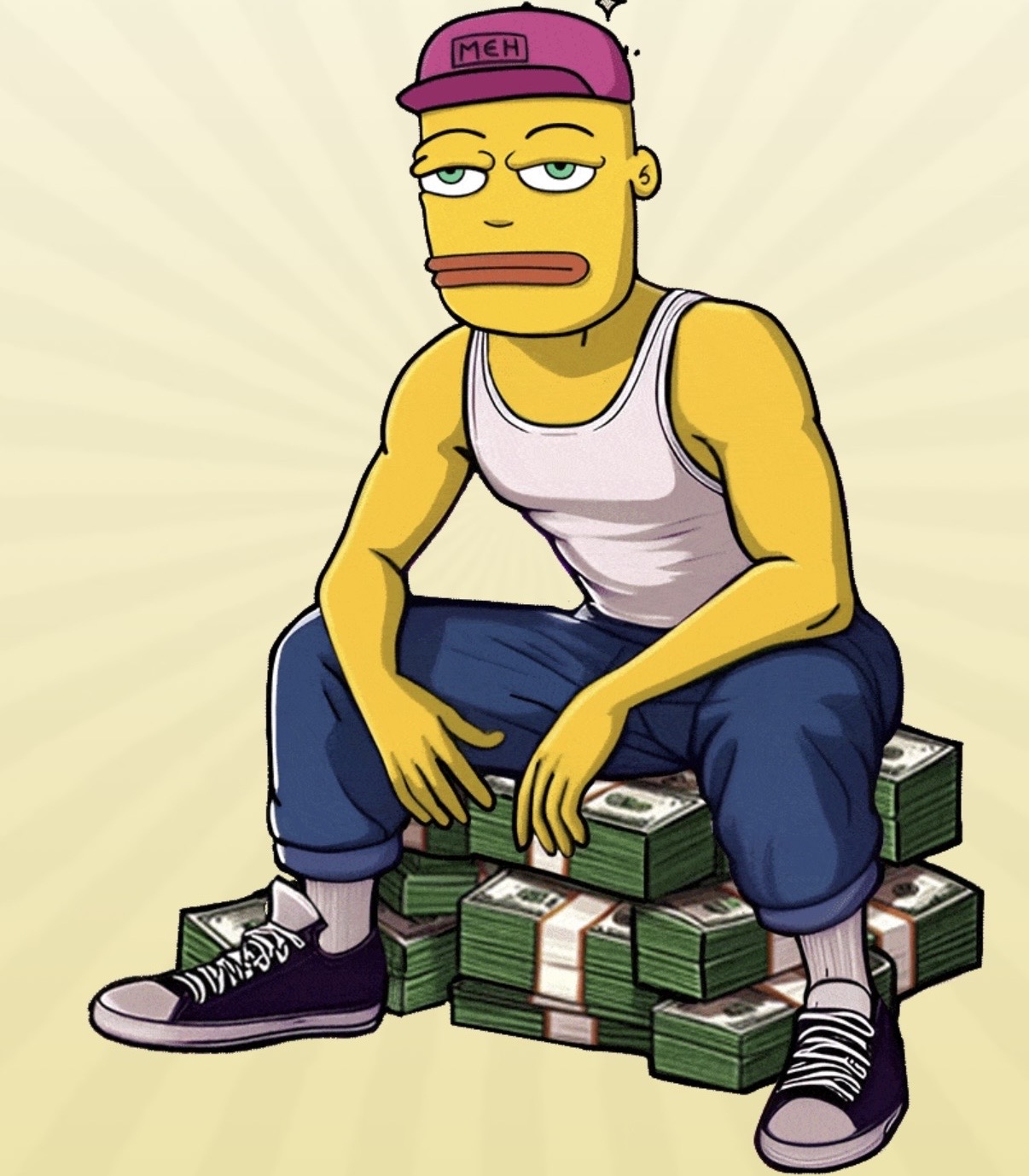 Meh mascot sitting on stacks of cash